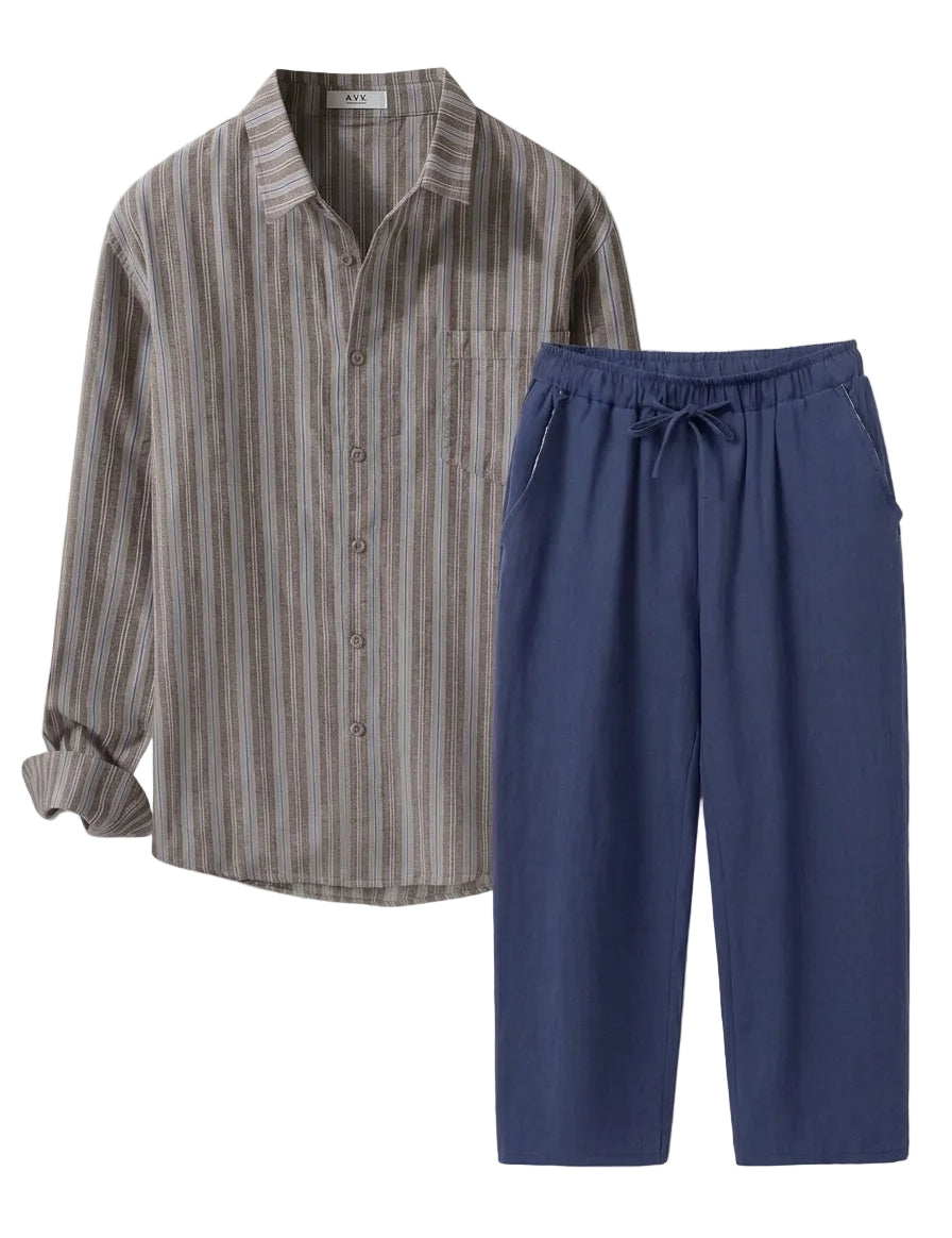 Striped shirt and blue pants on a white background