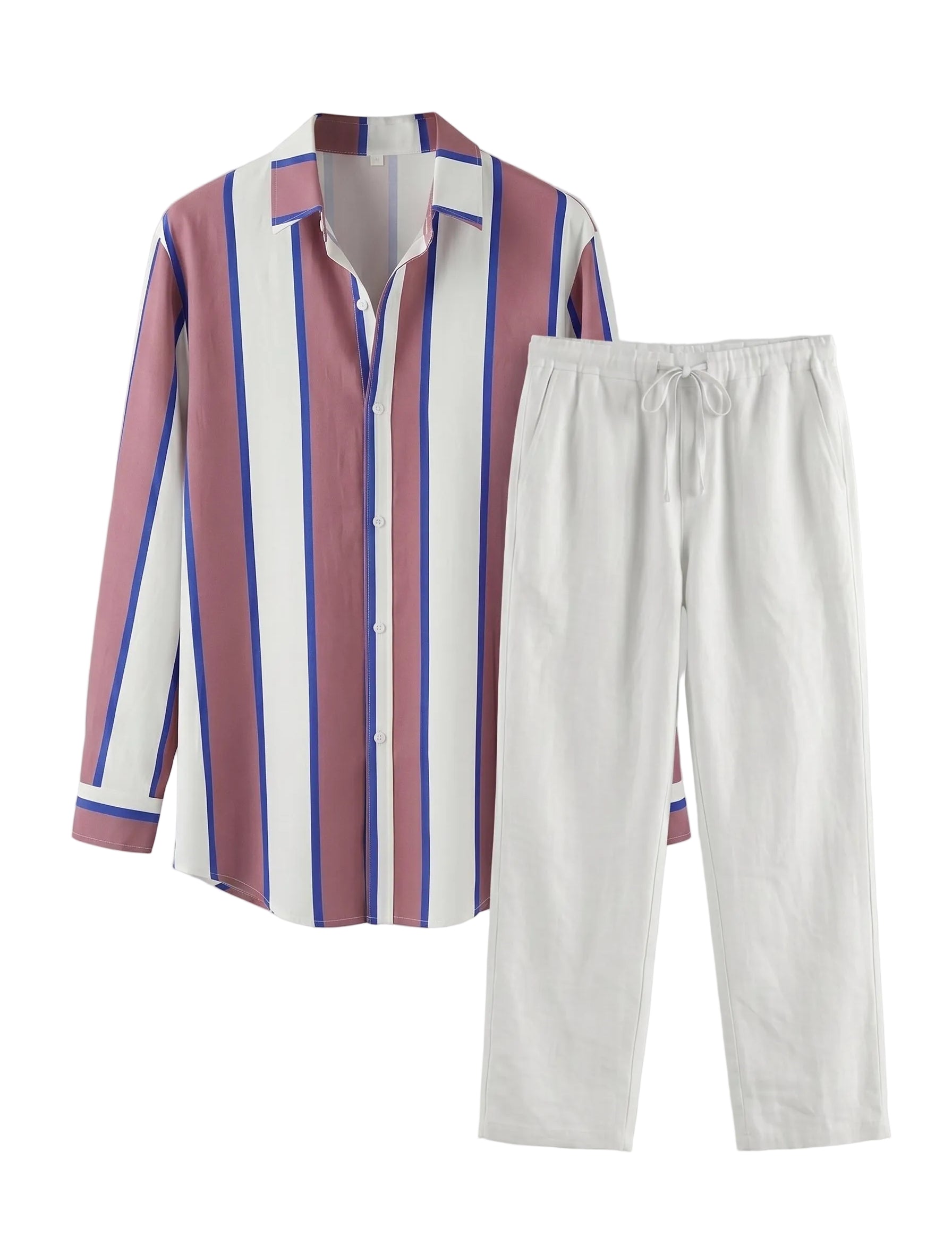 Striped shirt and white pants on a gray background