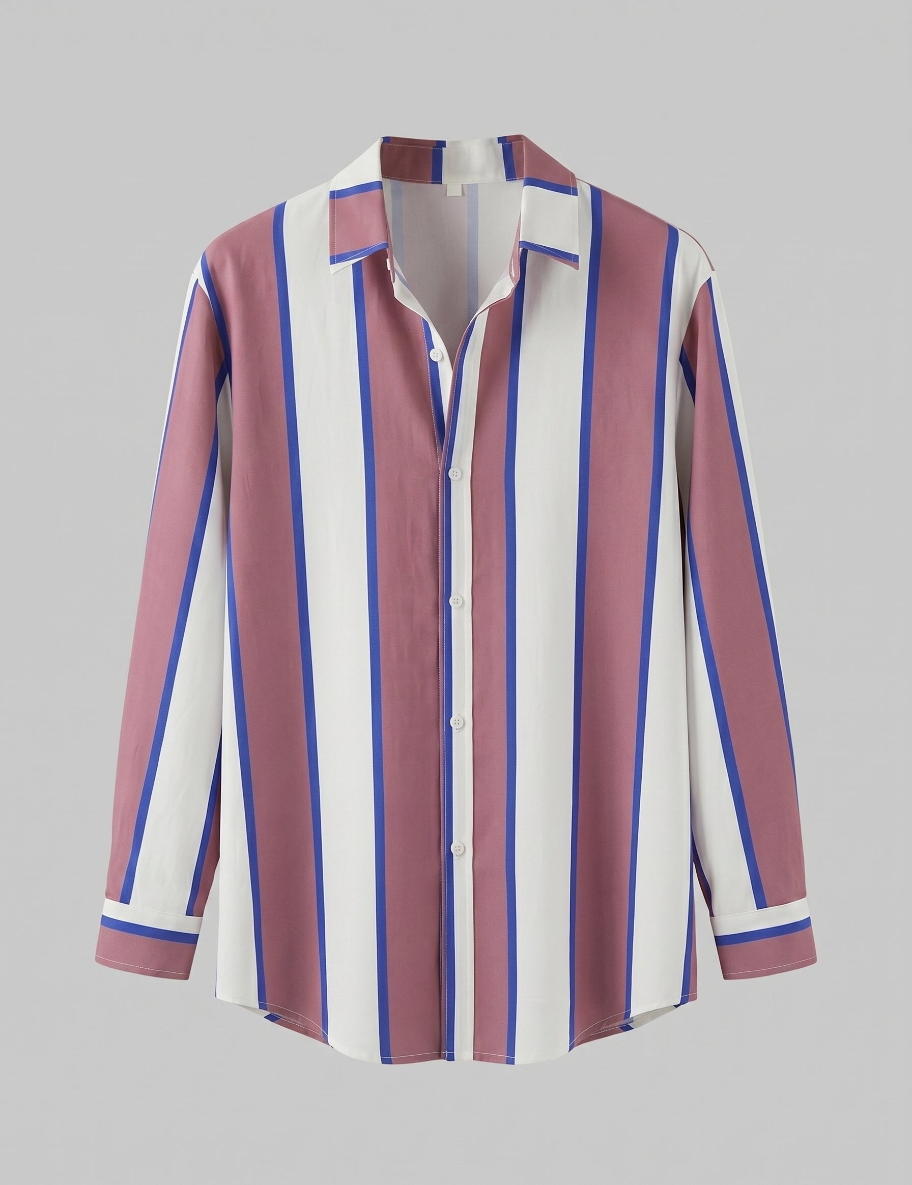 Striped shirt with purple, white, and blue pattern on a gray background