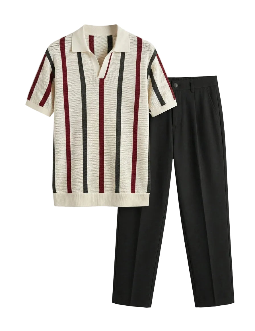 Striped shirt with red, black, and white stripes and black pants on a light gray background