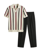 Striped shirt with red, black, and white stripes and black pants on a light gray background