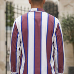 Top back - Burgundy white and blue striped men’s button-up shirt