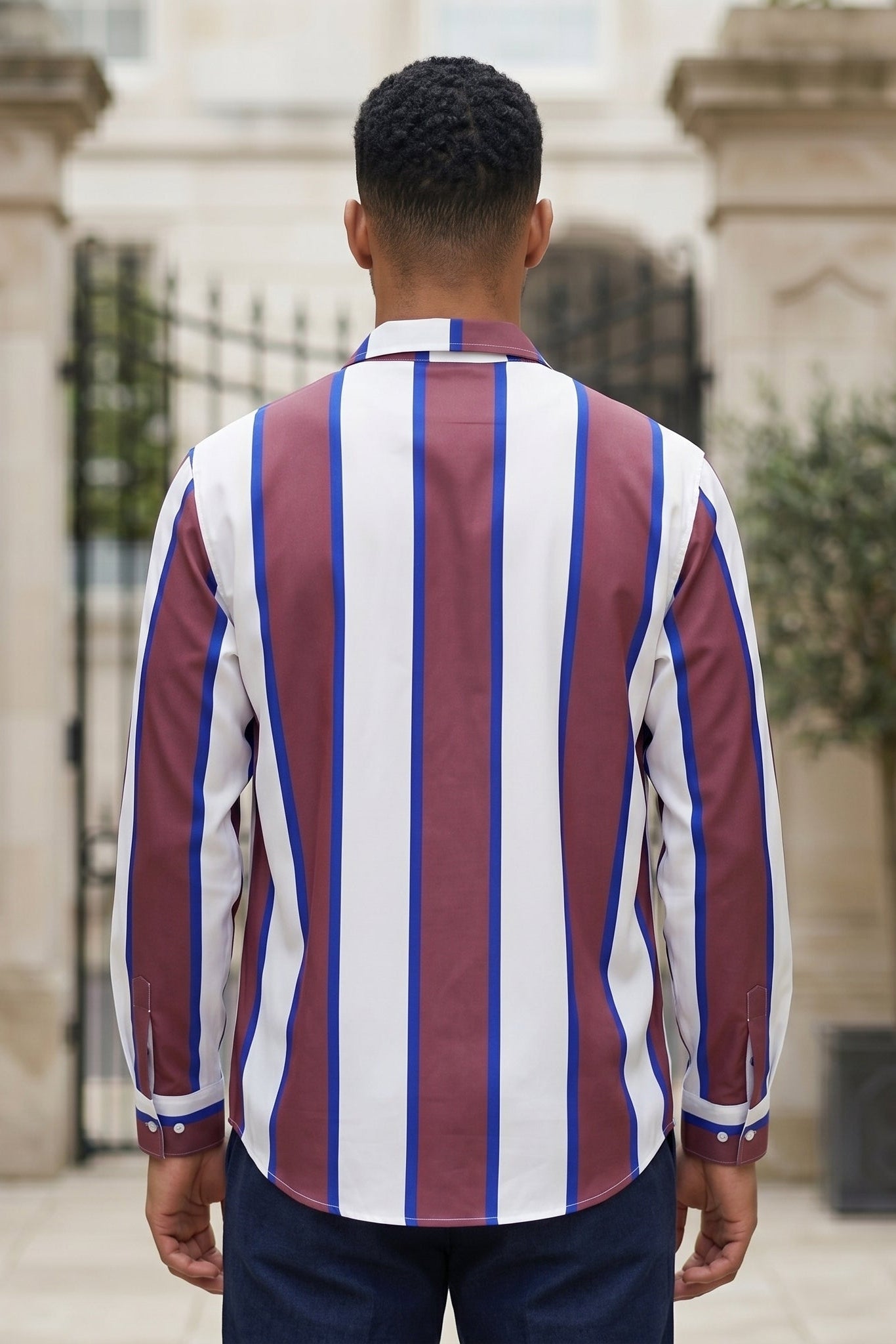 Top back - Burgundy white and blue striped men’s button-up shirt
