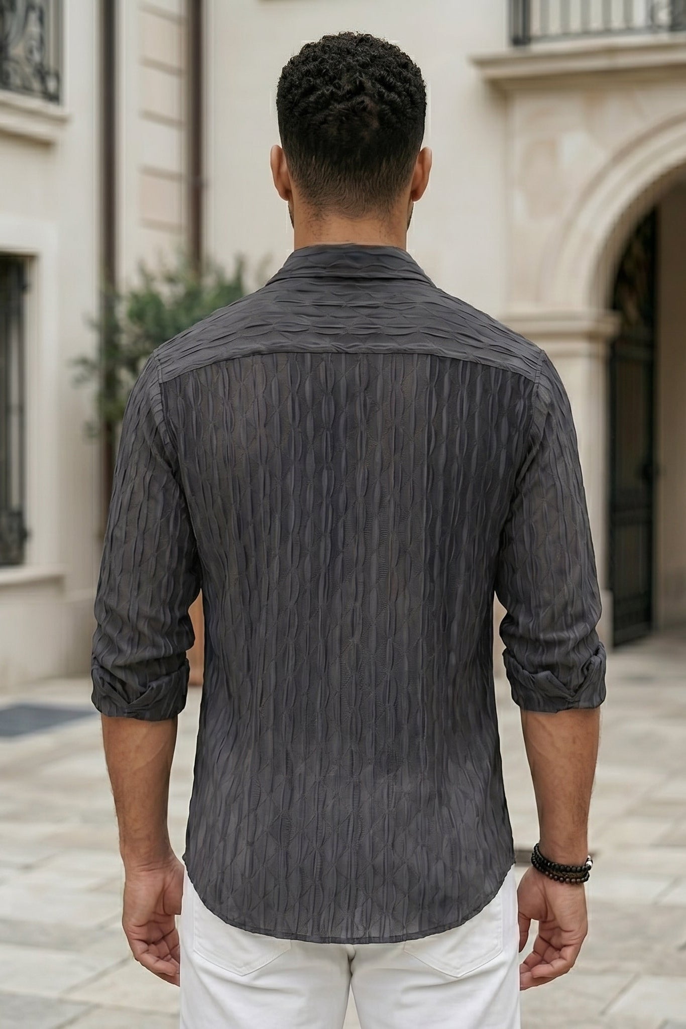 Top back - Charcoal grey men’s embossed collared long sleeve shirt