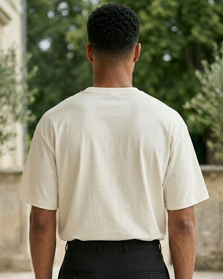 Top back - Cream white men’s cotton crew neck T-shirt with small chest graphic