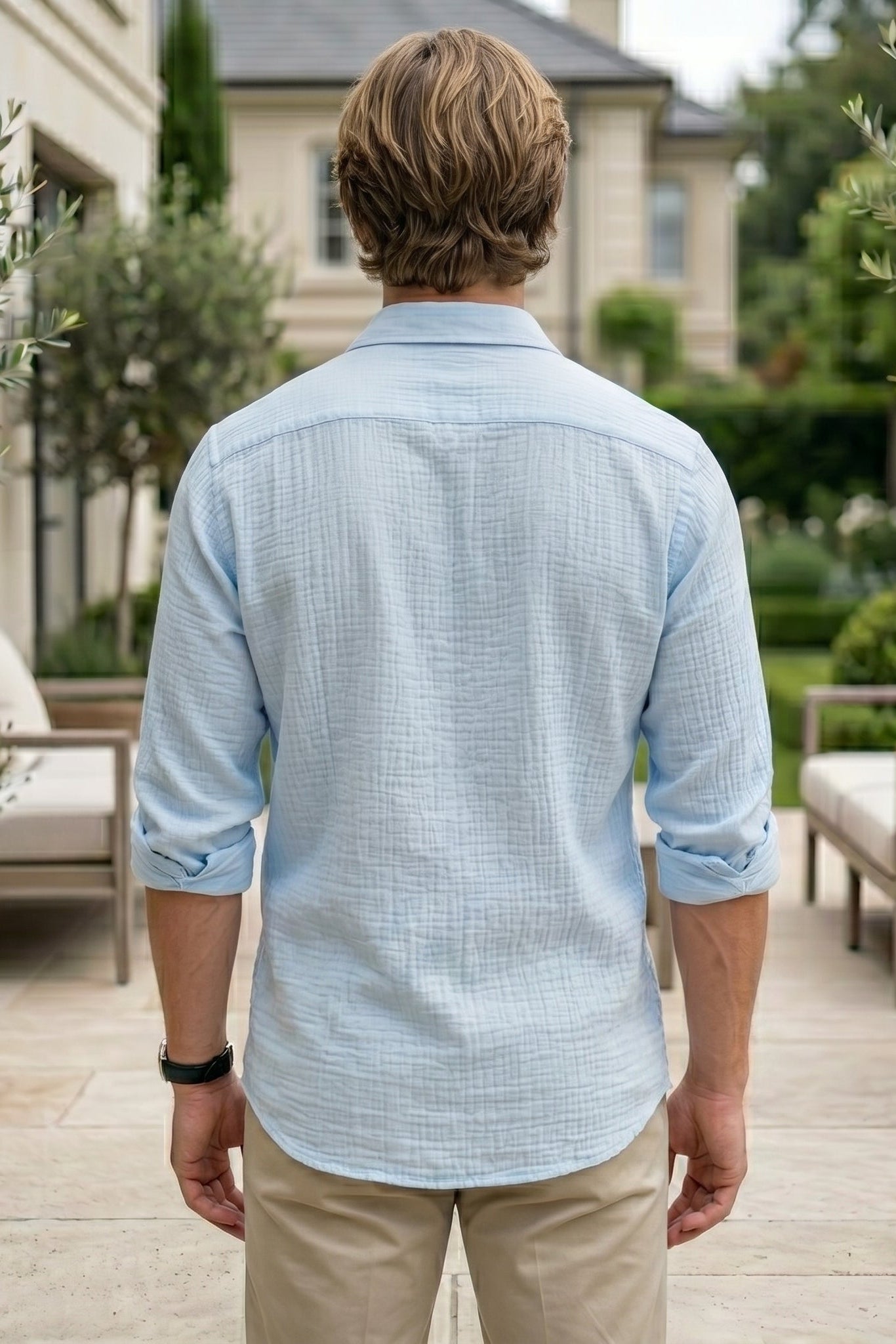 Top back - Light blue men’s lightweight collared summer shirt