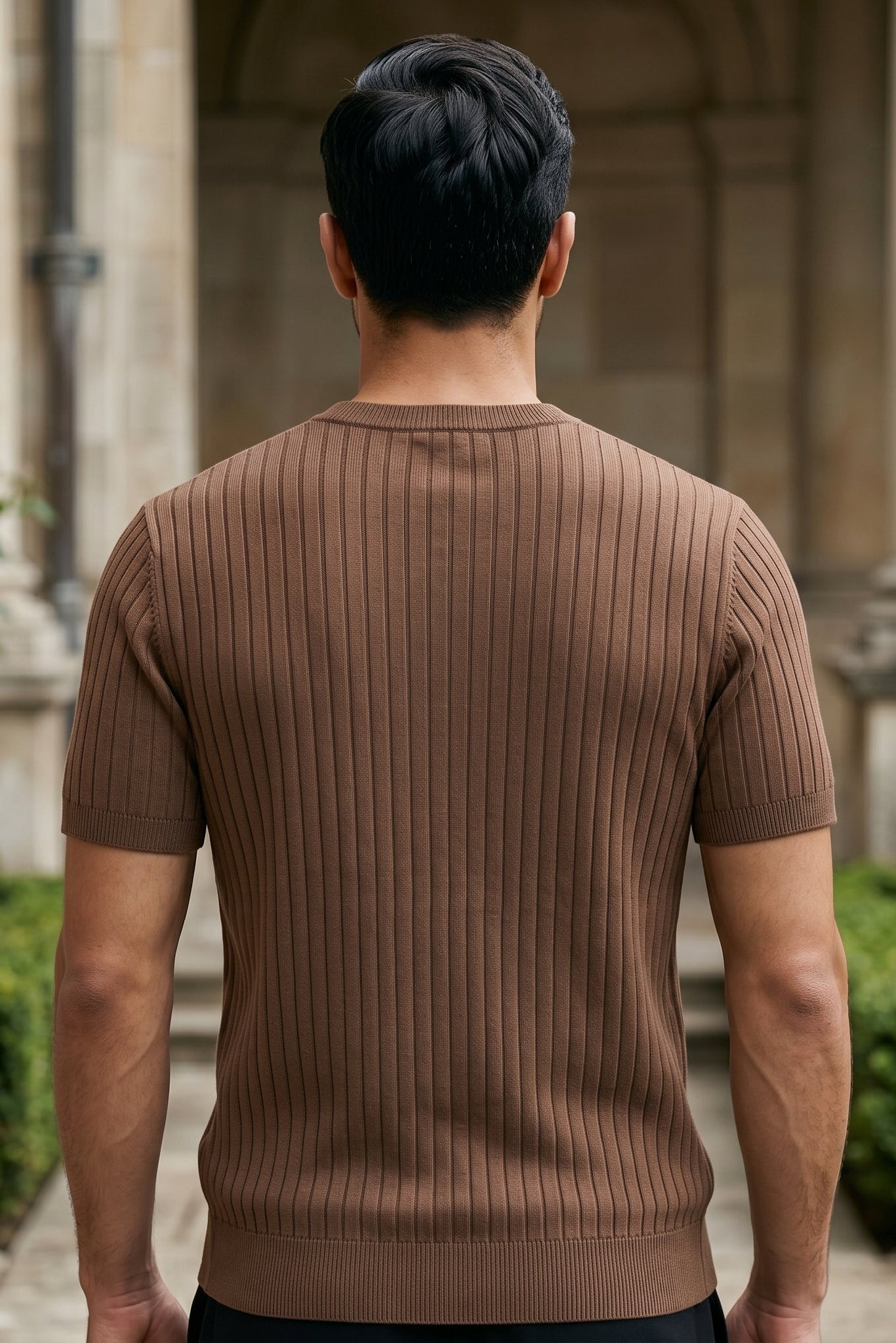 Top back - Mocha brown men’s ribbed crew neck summer T-shirt
