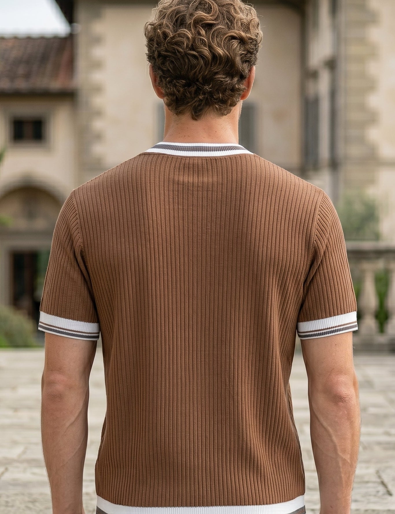Top back - Mocha brown men’s ribbed summer T-shirt with contrast trim