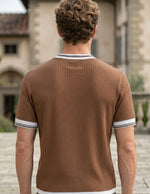 Top back - Mocha brown men’s ribbed summer T-shirt with contrast trim