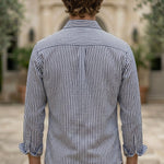 Top back - Navy and white striped men’s cotton-blend button-up shirt