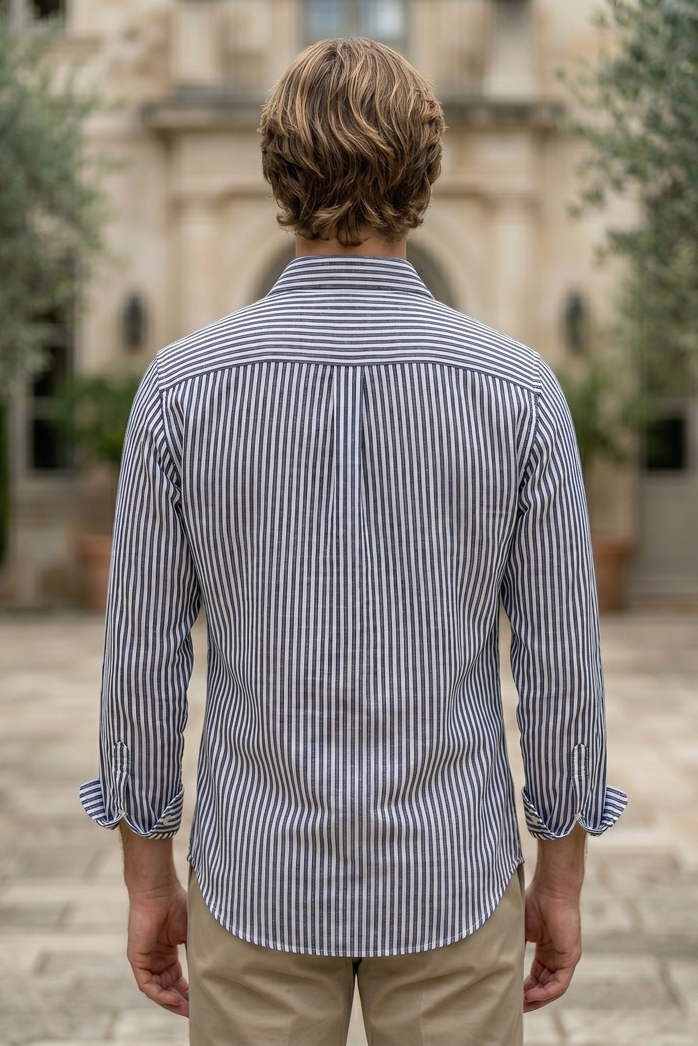 Top back - Navy and white striped men’s cotton-blend button-up shirt