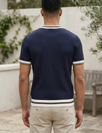 Top back - Navy blue men’s ribbed knit T-shirt with white and brown trim
