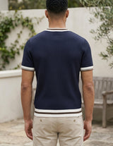 Top back - Navy blue men’s ribbed knit T-shirt with white and brown trim
