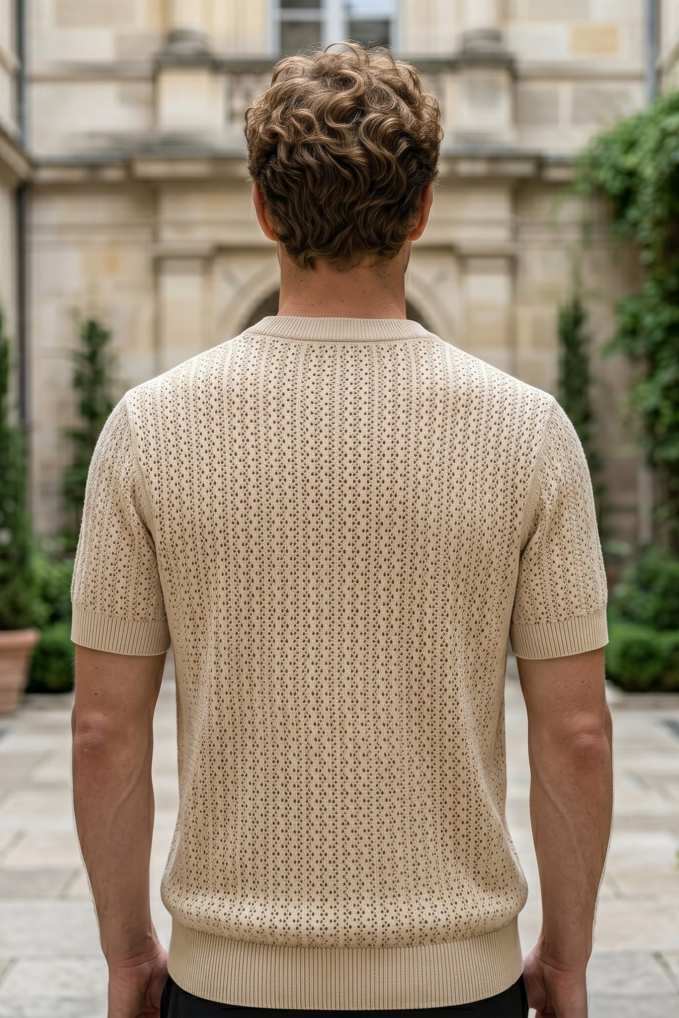 Sand beige men’s openwork knit short sleeve summer T-shirt