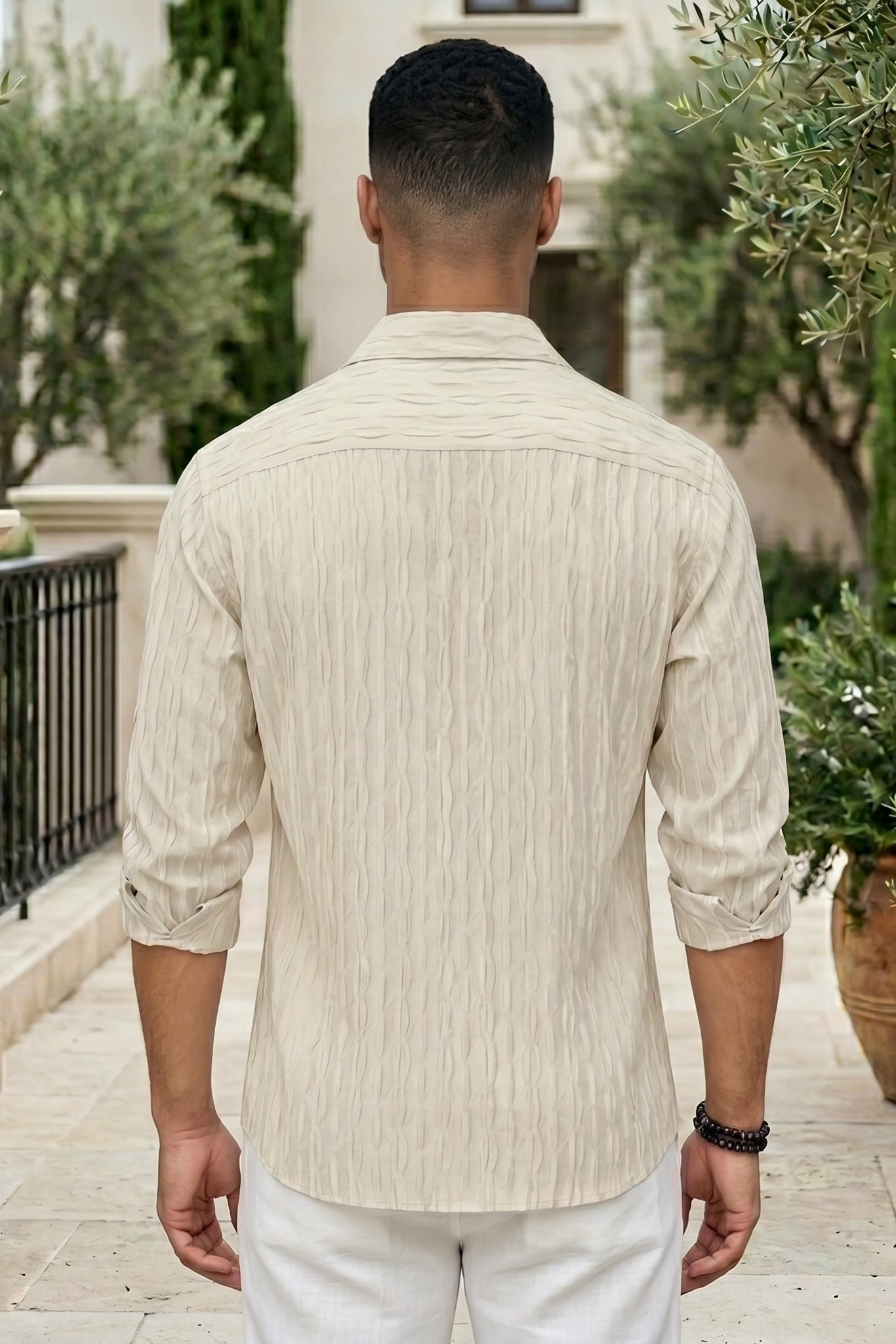 Top back - Soft cream men’s embossed collared long sleeve shirt