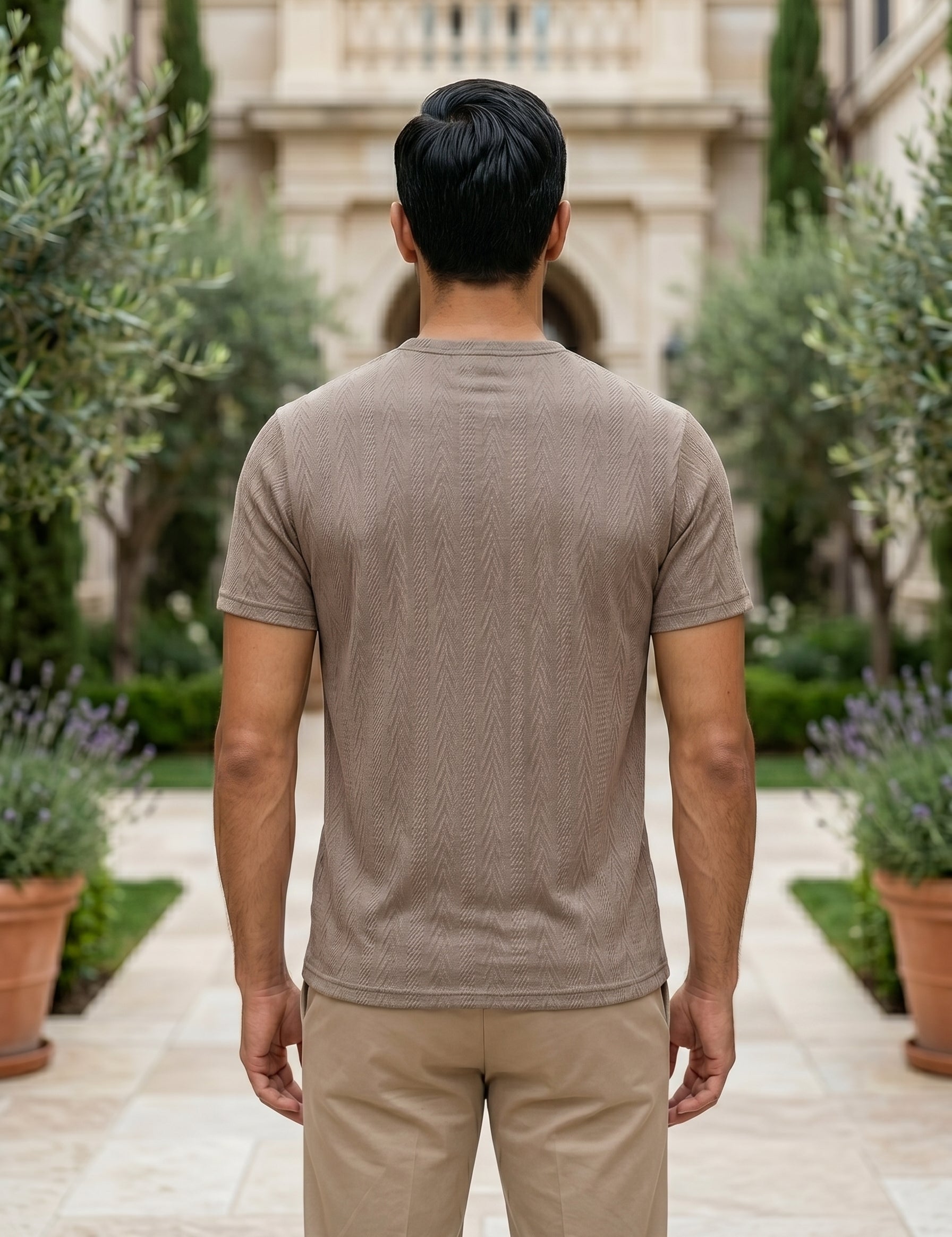 Top back - Taupe beige men’s textured short sleeve Henley T-shirt