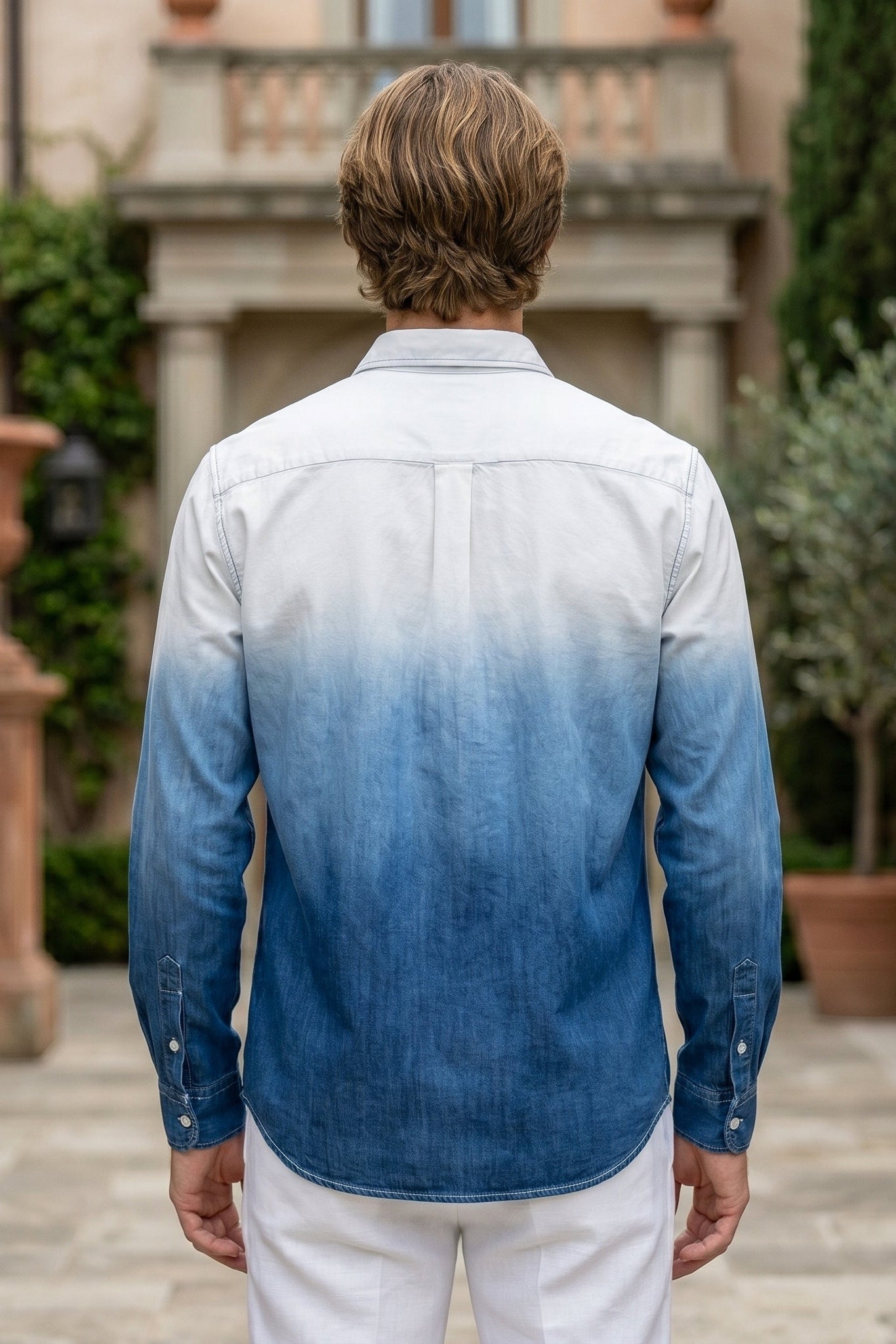 Top back - White and blue gradient men’s cotton button-up shirt