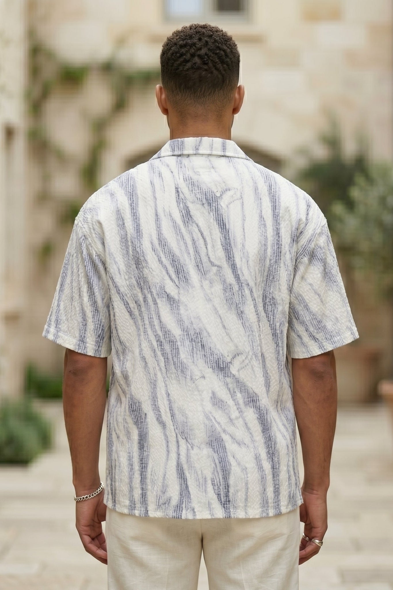 Top back - White grey marble men’s textured short sleeve button-up shirt