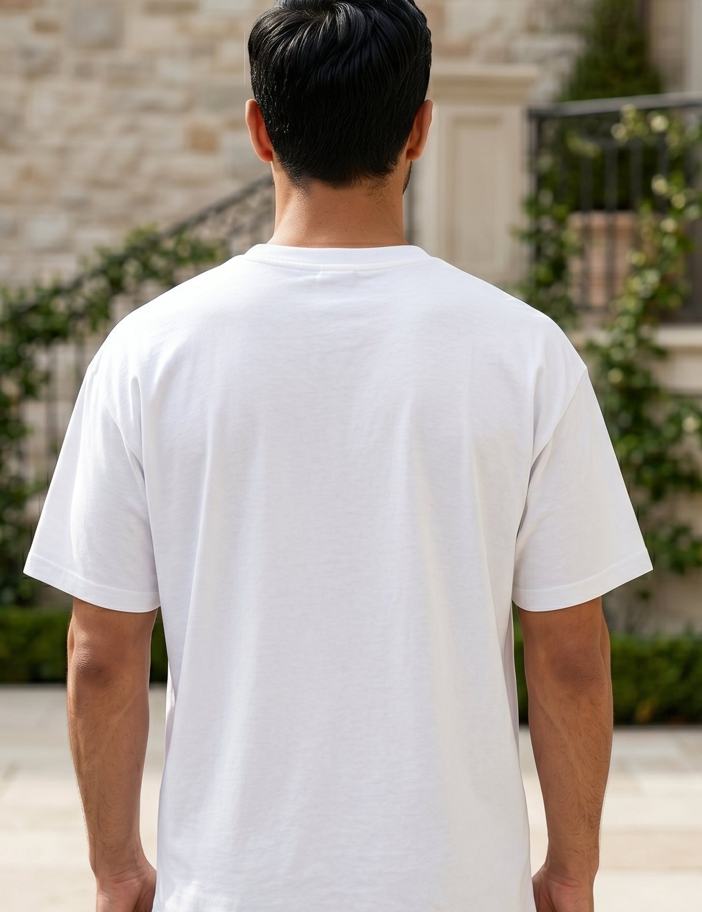 Top back - White men’s cotton-blend short sleeve T-shirt with chest graphic
