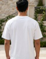 Top back - White men’s cotton-blend short sleeve T-shirt with chest graphic