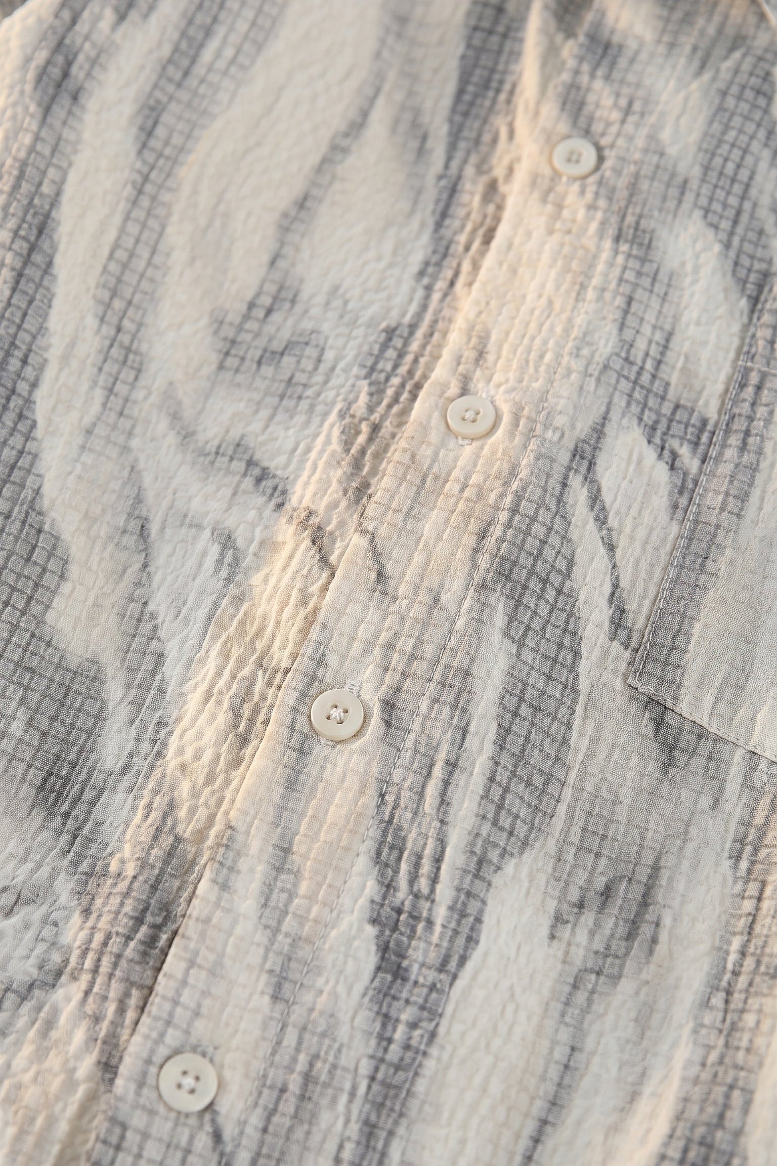 Top fabric detail - White grey abstract men’s textured short sleeve button-up shirt