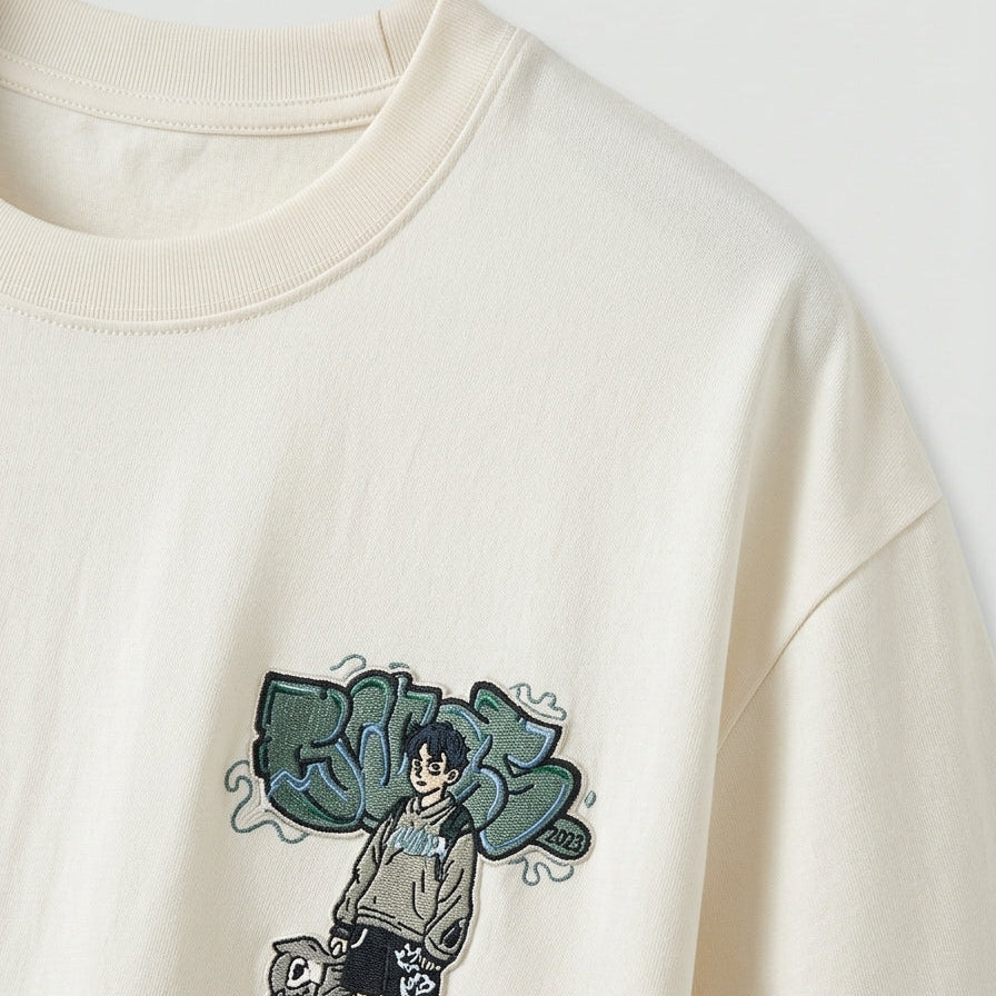 Top fabric detail - Cream white men’s cotton crew neck T-shirt with small chest graphic