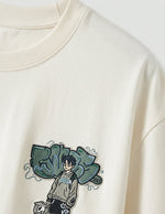 Top fabric detail - Cream white men’s cotton crew neck T-shirt with small chest graphic