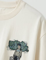 Top fabric detail - Cream white men’s cotton crew neck T-shirt with small chest graphic
