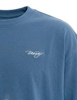 Top fabric detail - Dusty blue men’s relaxed cotton short sleeve T-shirt