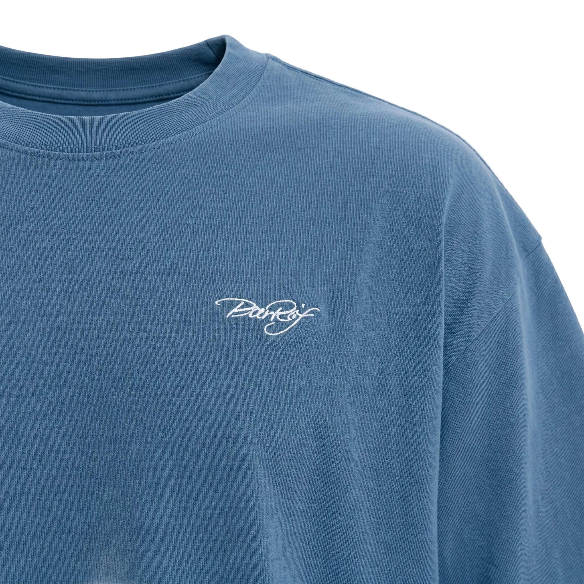 Top fabric detail - Dusty blue men’s relaxed cotton short sleeve T-shirt