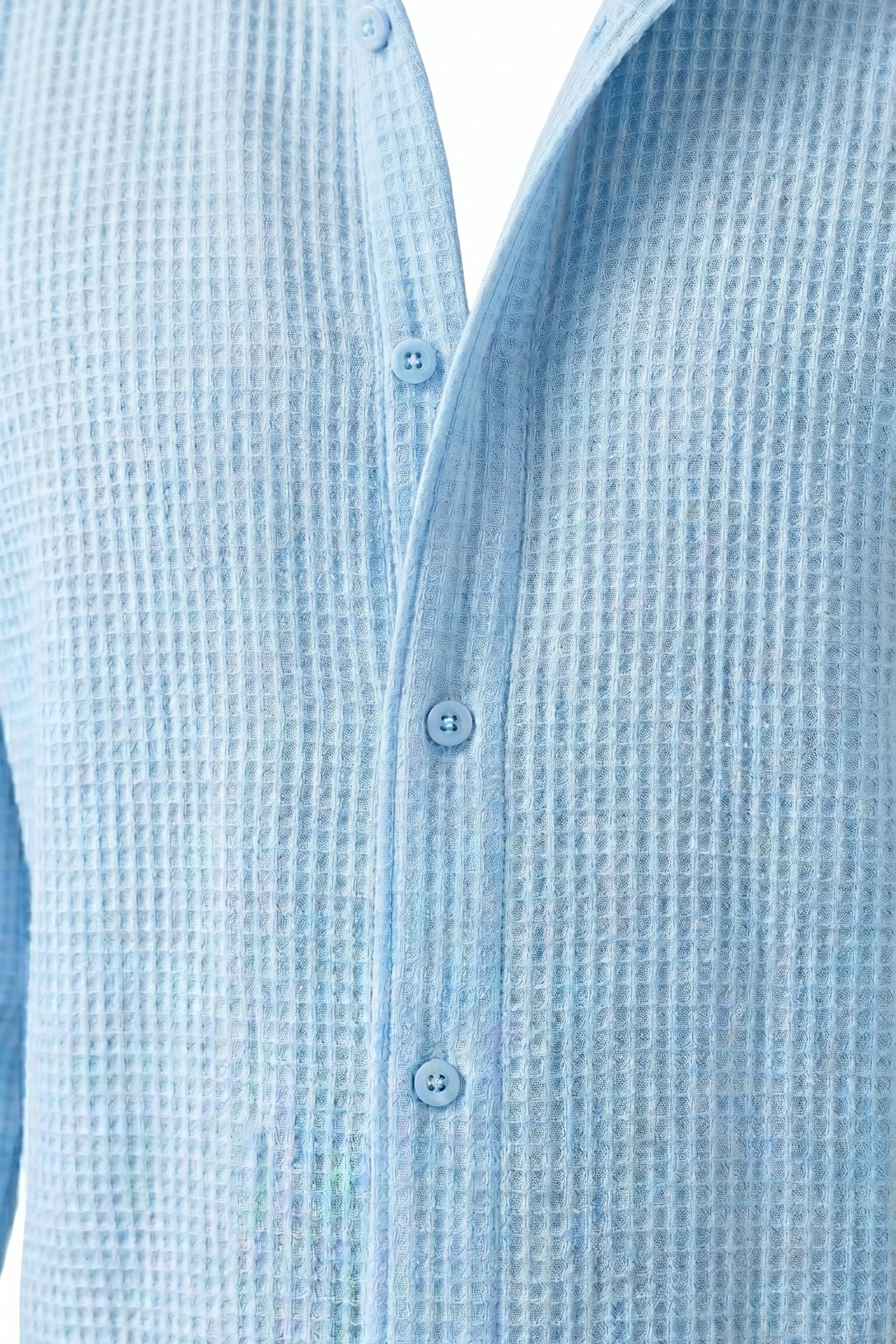 Top fabric detail - Light blue men’s lightweight collared summer shirt
