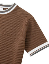 Top fabric detail - Mocha brown men’s ribbed summer T-shirt with contrast trim