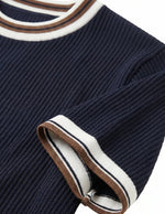 Top fabric detail - Navy blue men’s ribbed knit T-shirt with white and brown trim