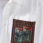 Top fabric detail - White men’s patchwork button-up shirt with brown striped panels