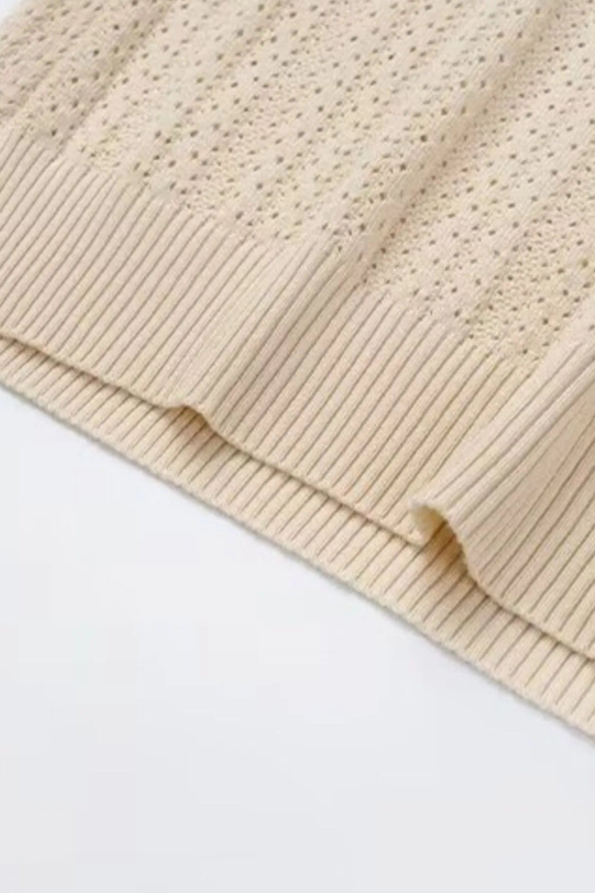 Top fabric detail edge - Sand beige men’s openwork knit short sleeve summer T-shirt
