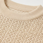 Top fabric detail head - Sand beige men’s openwork knit short sleeve summer T-shirt