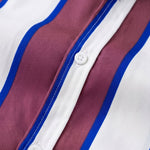 Top fabric detail - Burgundy white and blue striped men’s button-up shirt
