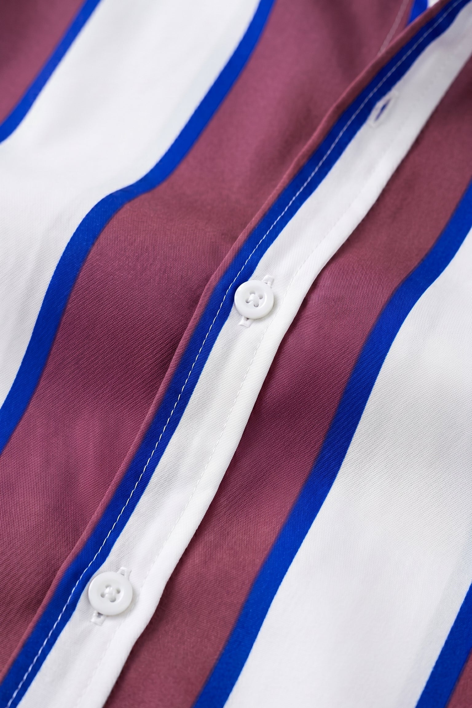 Top fabric detail - Burgundy white and blue striped men’s button-up shirt
