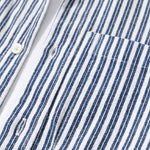 Top fabric detail - Navy and white striped men’s cotton-blend button-up shirt