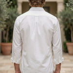 Top back -  White men’s patchwork button-up shirt with brown striped panels