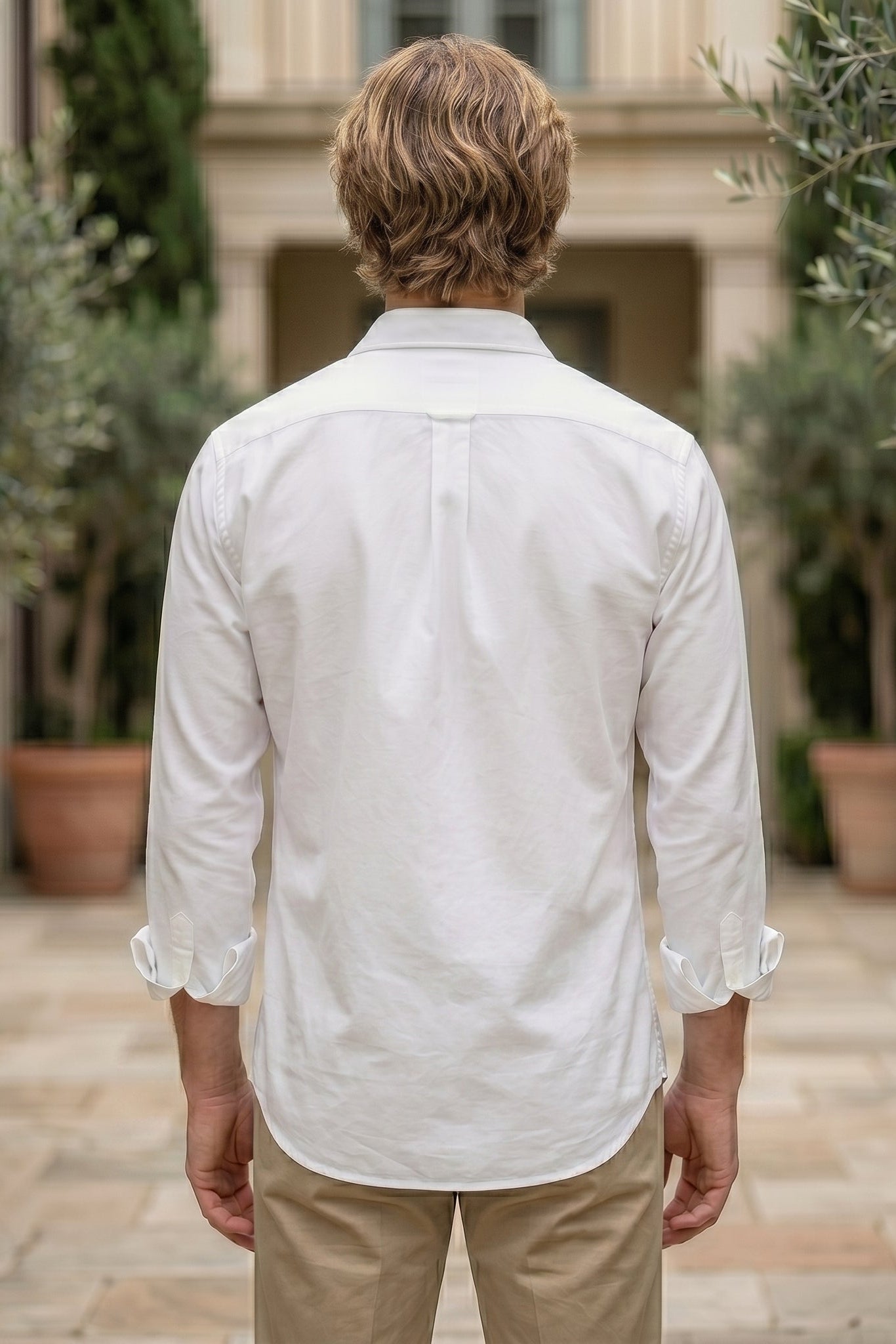 Top back -  White men’s patchwork button-up shirt with brown striped panels