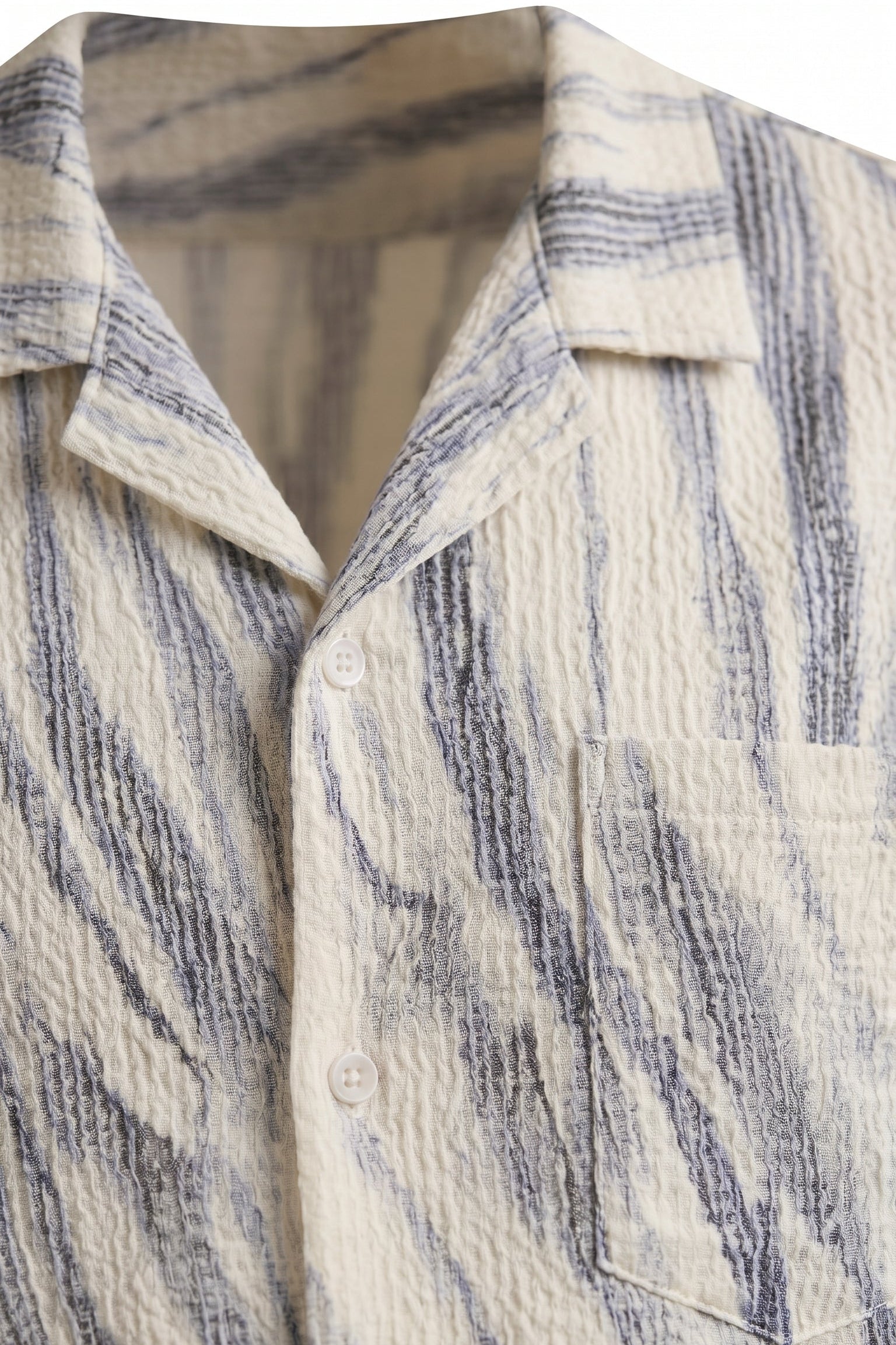 Top fabric detail - White grey marble men’s textured short sleeve button-up shirt