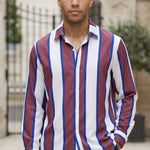 Upper body - Burgundy white and blue striped men’s button-up shirt
