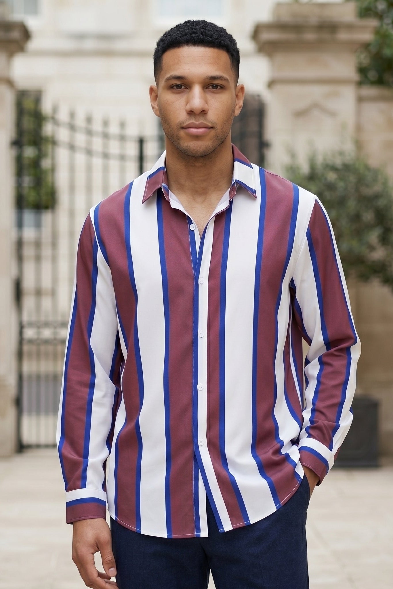 Upper body - Burgundy white and blue striped men’s button-up shirt