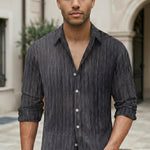 Upper body - Charcoal grey men’s embossed collared long sleeve shirt