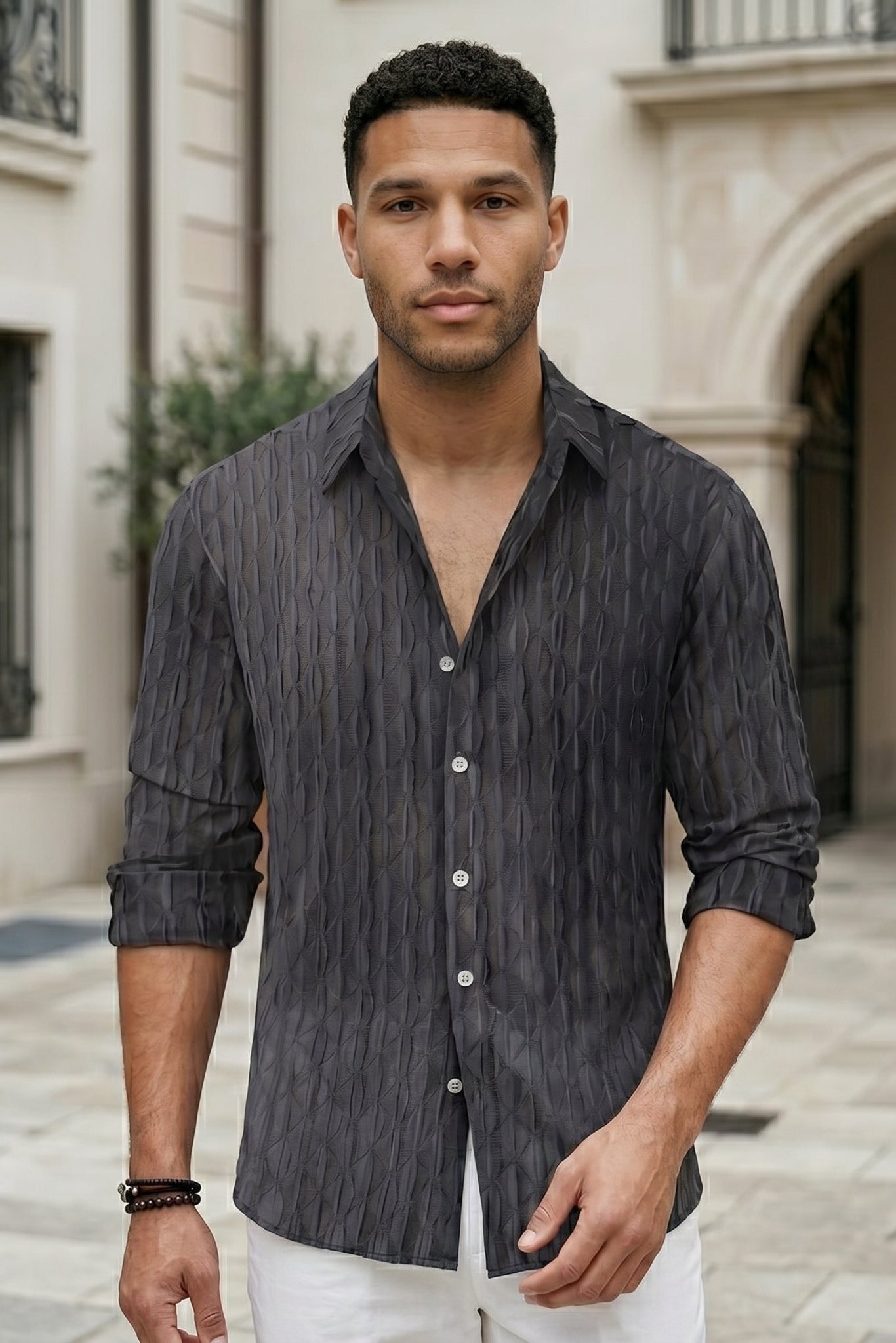 Upper body - Charcoal grey men’s embossed collared long sleeve shirt