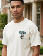Upper body - Cream white men’s cotton crew neck T-shirt with small chest graphic
