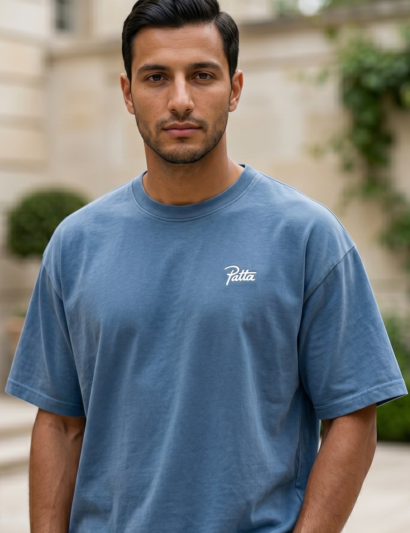 Upper body - Dusty blue men’s relaxed cotton short sleeve T-shirt