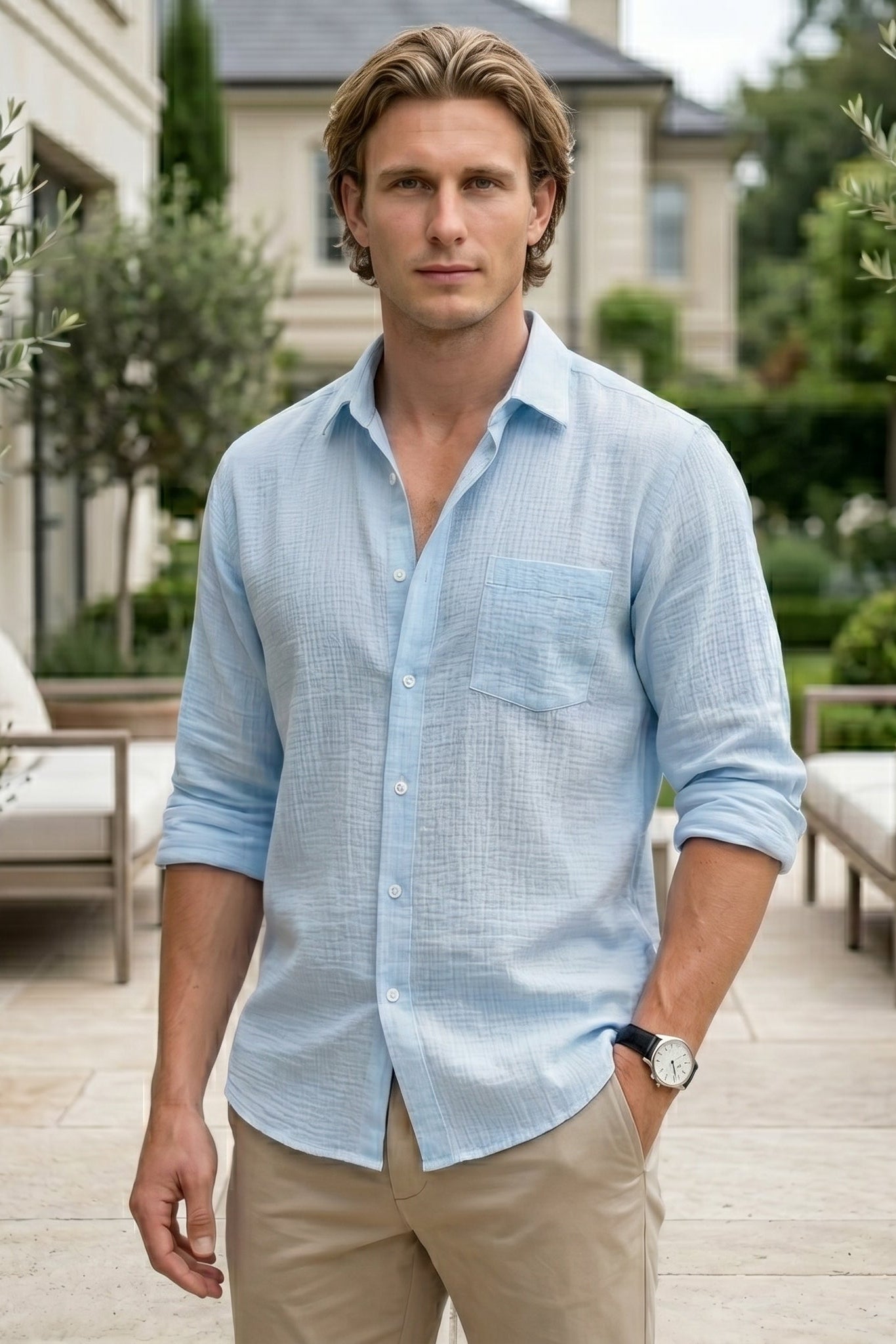Upper body - Light blue men’s lightweight collared summer shirt
