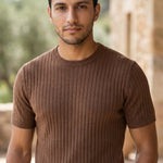 Upper body - Mocha brown men’s ribbed crew neck summer T-shirt